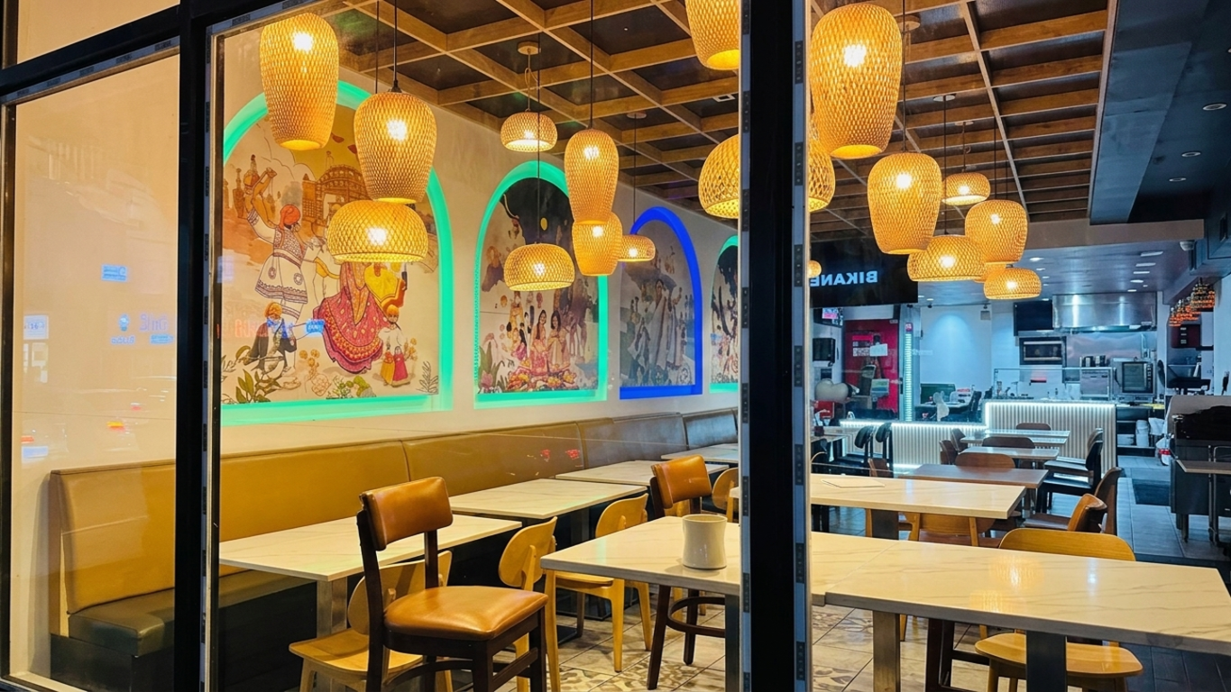 Dining tables and decor inside Desi Dhamaka Jersey City